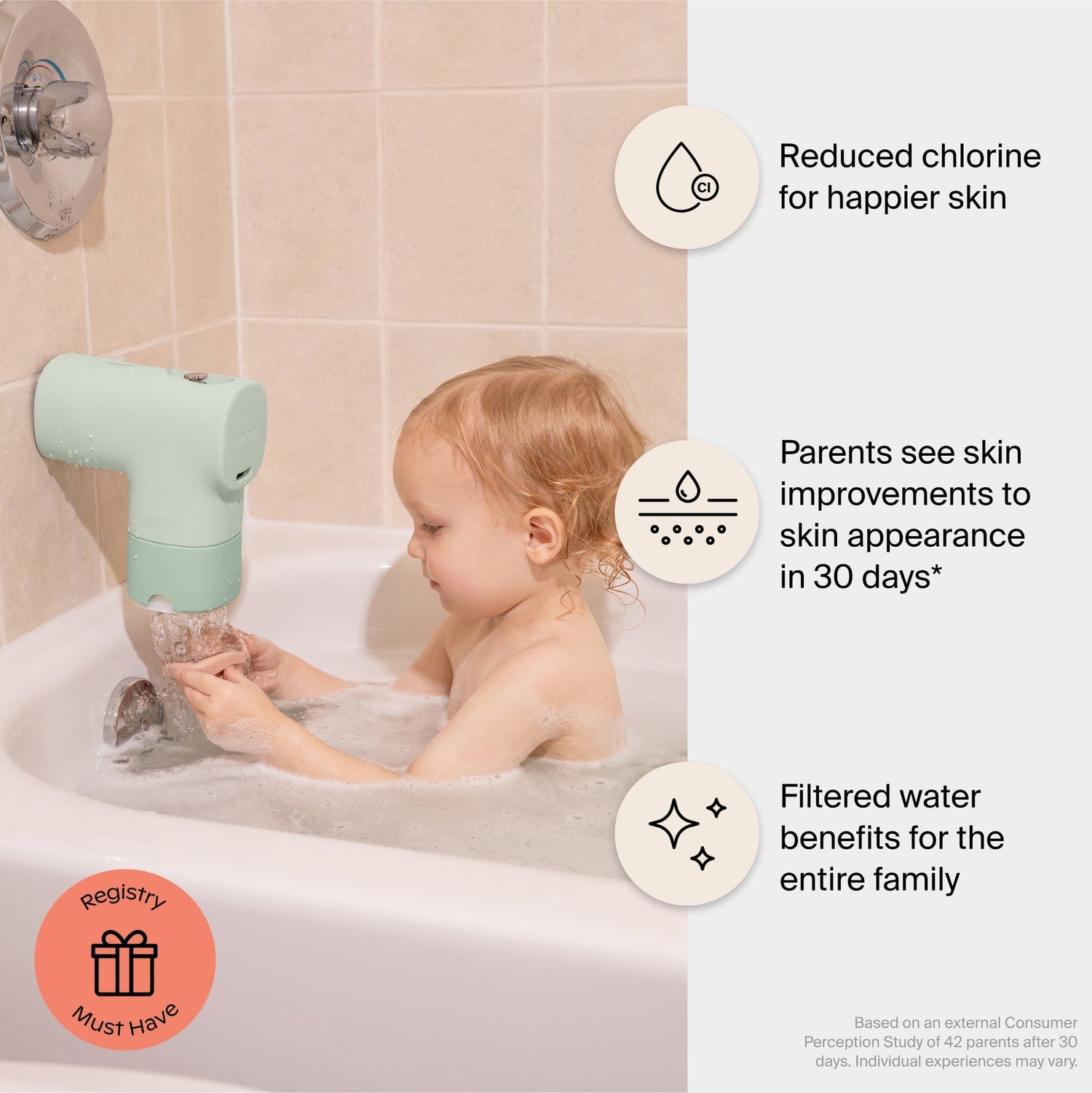 Baby Bath Tub Filter | Lifestyle, Reduced chlorine for happier skin, parents see improvements to skin appearance in 30 days, filtered water benefits for the entire family; Based on external Consumer Perception Study of 42 parents after 30 days