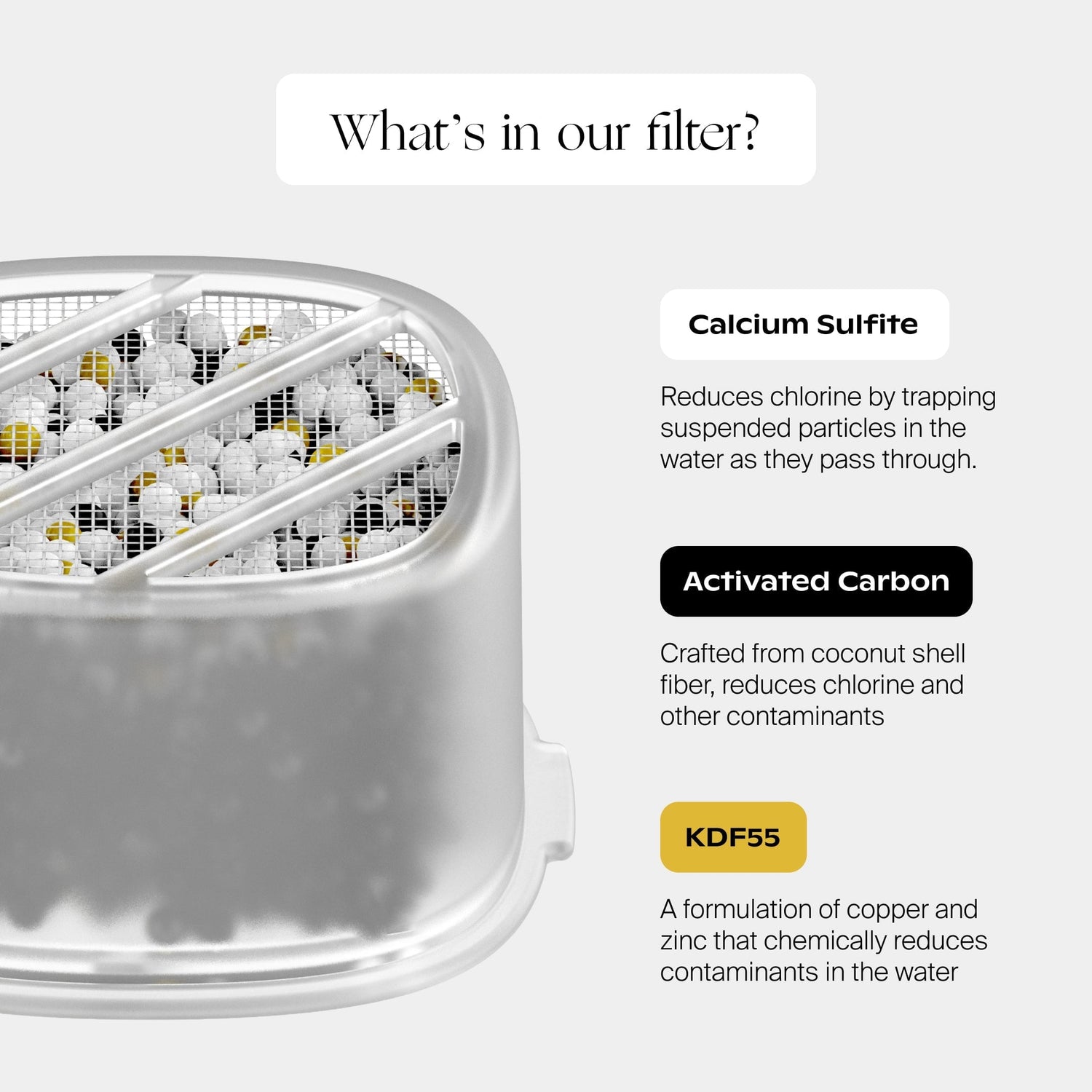 Baby Bath Tub Filter | Lifestyle, What's in our filter? Calcium Sulfite reduces chlorine by trapping suspended particles in the water they pass through; Activated Carbon crafted from coconut shell fiber, reduces chlorine and other contaminants; KDF-55 is a formulation of copper and zinc that chemically reduces contaminants in the water