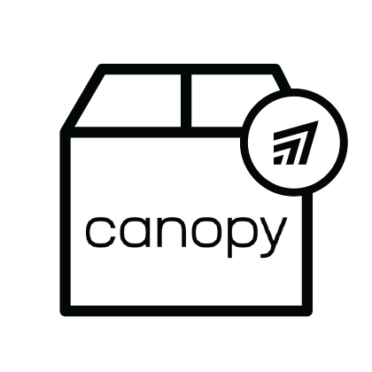 VIP Protection+ coverage icon showing a minimalist black and white box design with Canopy branding and an upward trending arrow symbol, representing comprehensive purchase protection and insurance offered by Onward
