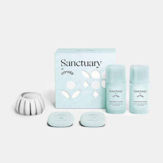  Diffusion Well & Aroma Kit featuring a white ceramic diffuser base with three Sanctuary essential oil bottles in sleek black packaging, accompanied by mint-colored boxes and silver diffuser pads for optimal aromatherapy experience by Canopy